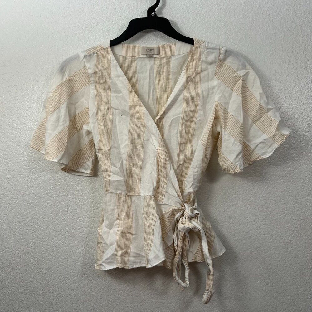 Loft Striped Flutter Sleeve True Wrap Blouse Side Tie